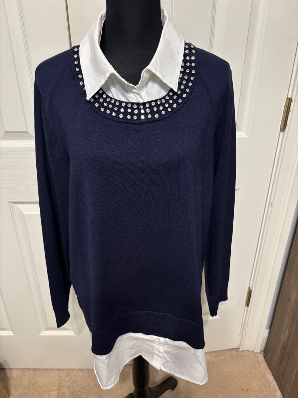 Belldini Plus Rhinestone Neckline Two-Fer Sweater